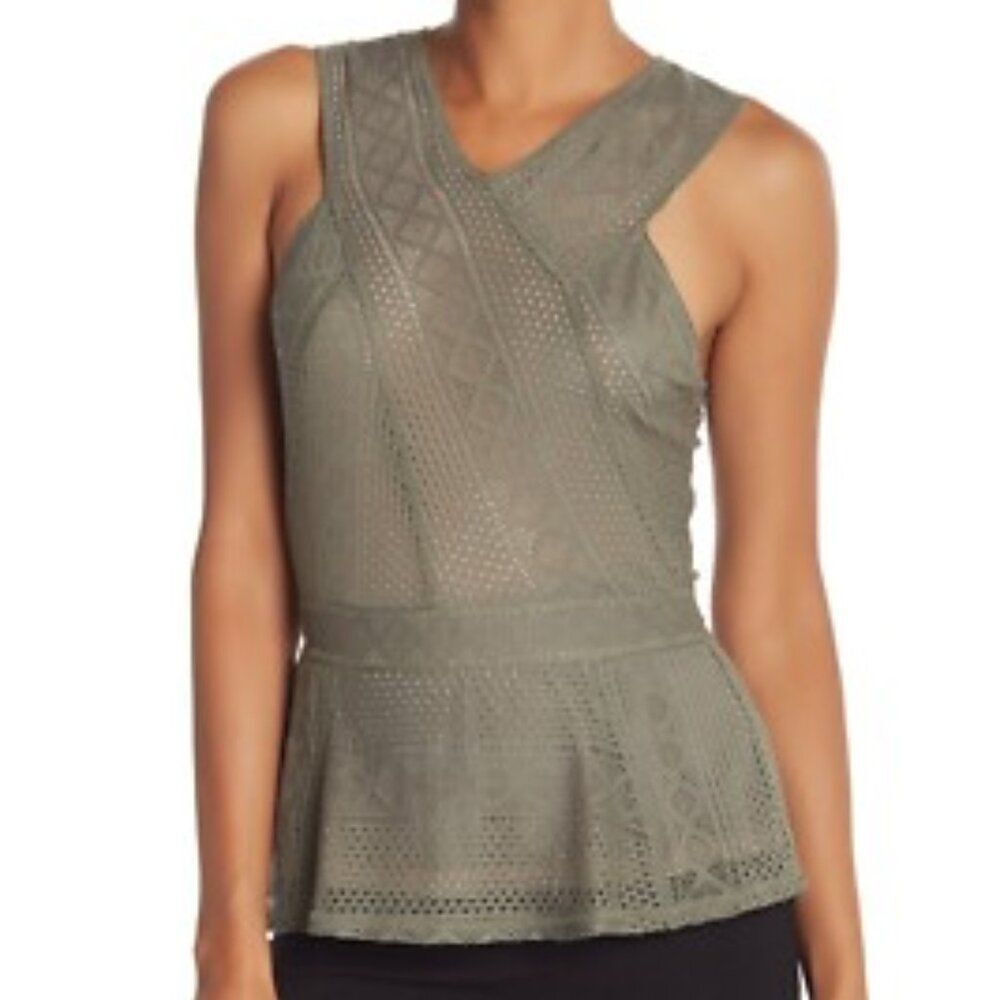 NWT BCBG MaxAzria Hanne Geometric Lace Peplum Top Dusty Olive Medium